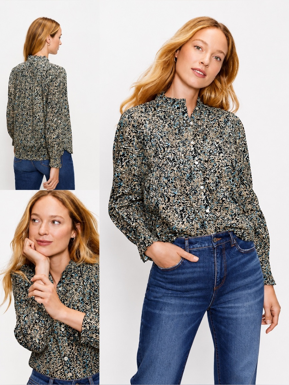 LOFT Pintucked Ruffle Mock Neck Floral Blouse Medium Black Green Cotton Boho Top
